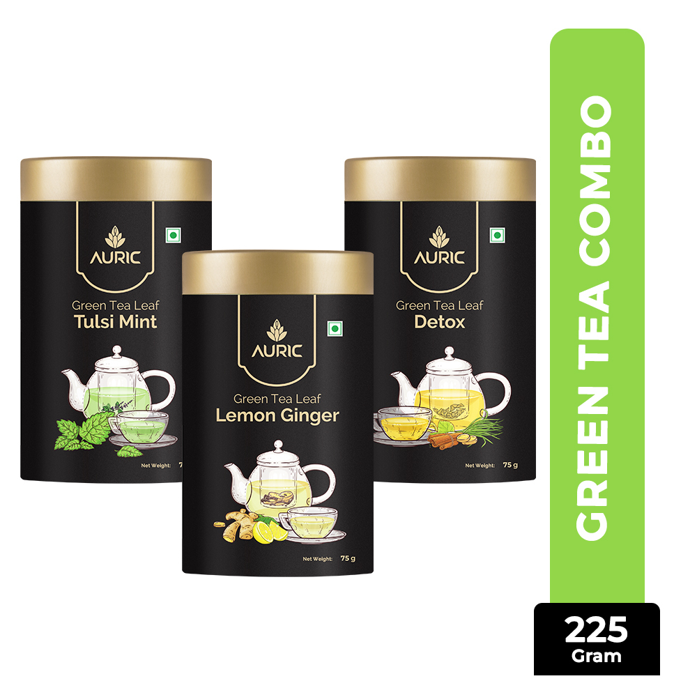 Auric Green Tea natural flavors Lemon Ginger, Tulsi Mint and Detox - 3 tin x75gm